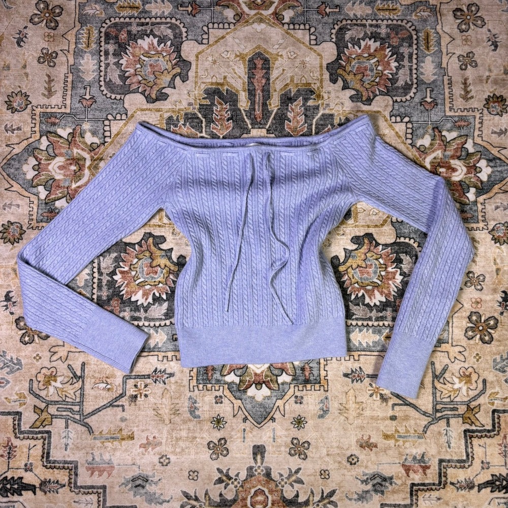 Hollister Womens Off The Shoulder Cable Knit Sweater Lavender Purple Tie Front L